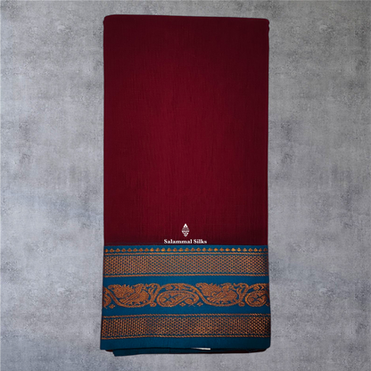 Bottle Green Colour Linen Cotton Sarees With Contrast Maroon Border