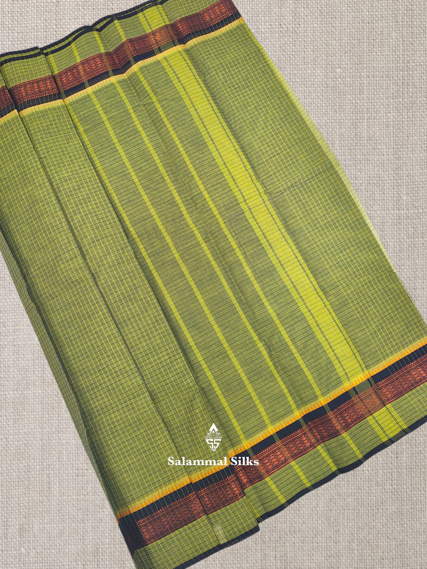 Navy Blue Thread Checks Beautiful Chettinad Cotton Saree With Temple & Zari Border