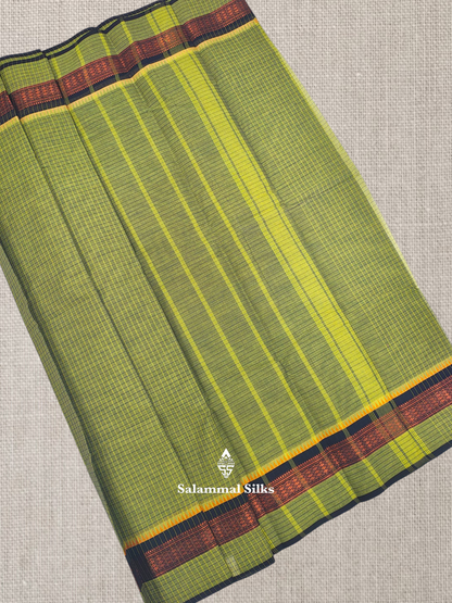 Navy Blue Thread Checks Beautiful Chettinad Cotton Saree With Temple & Zari Border