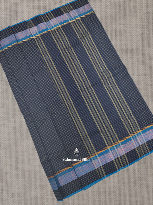 Navy Blue Thread Checks Beautiful Chettinad Cotton Saree With Temple & Zari Border