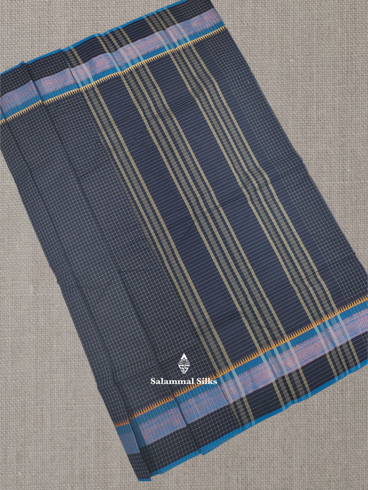 Navy Blue Thread Checks Beautiful Chettinad Cotton Saree With Temple & Zari Border