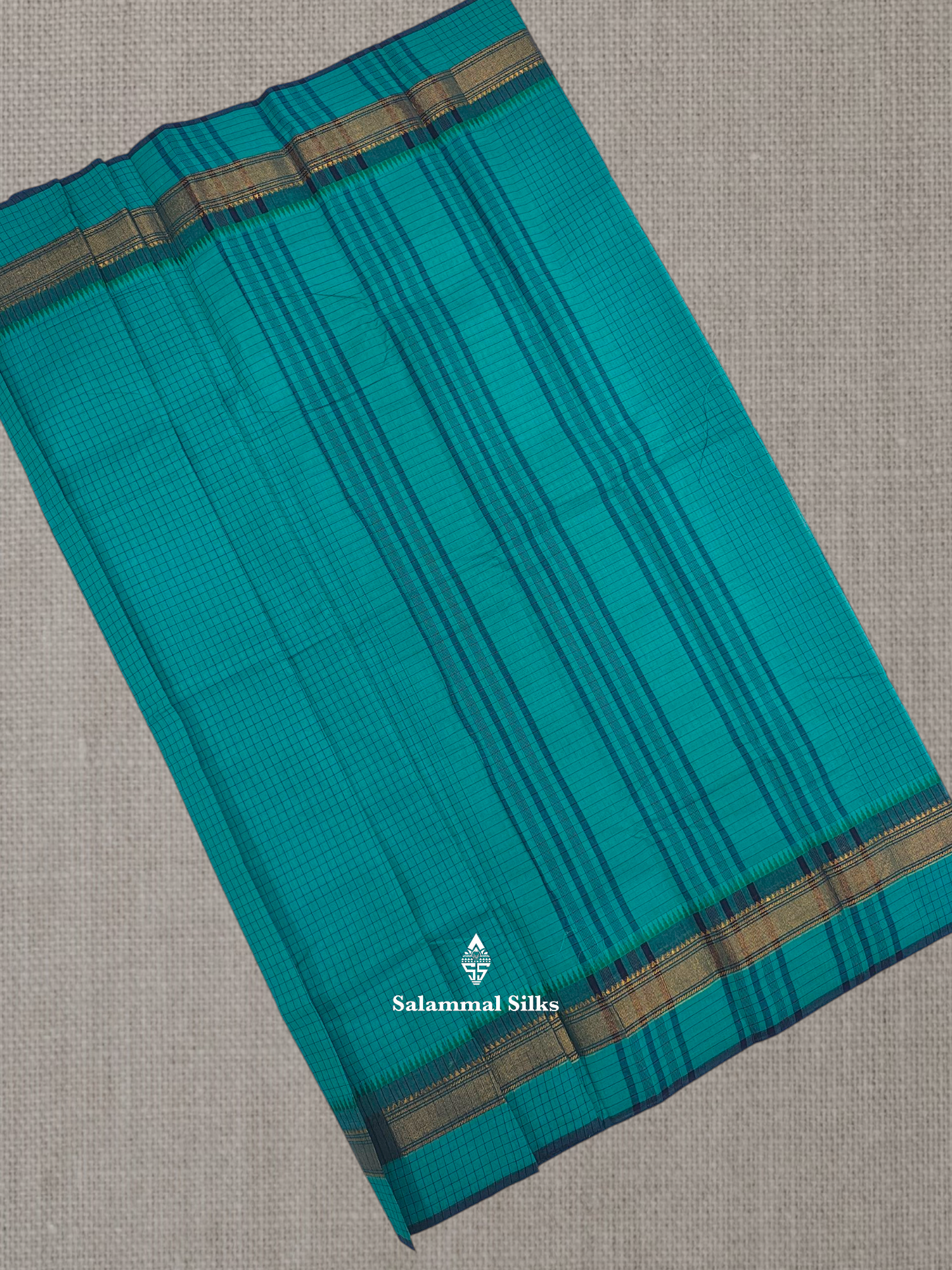 Navy Blue Thread Checks Beautiful Chettinad Cotton Saree With Temple & Zari Border