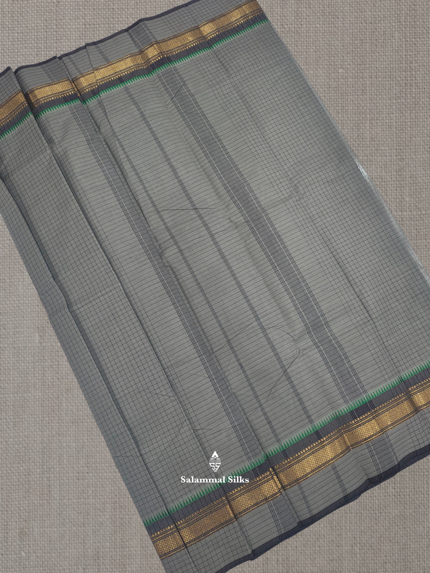 Navy Blue Thread Checks Beautiful Chettinad Cotton Saree With Temple & Zari Border