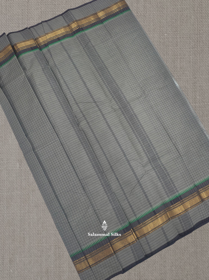 Navy Blue Thread Checks Beautiful Chettinad Cotton Saree With Temple & Zari Border