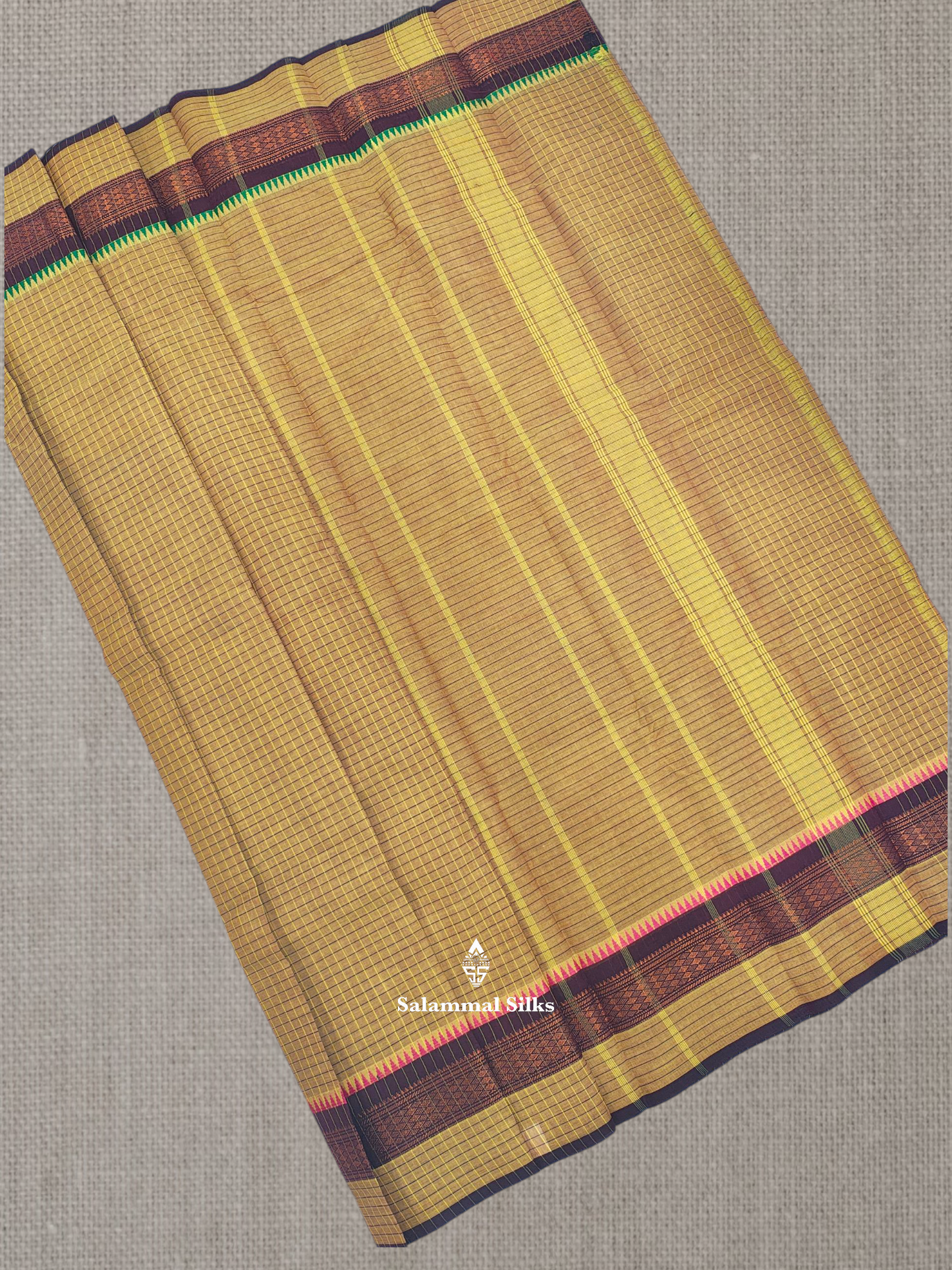 Navy Blue Thread Checks Beautiful Chettinad Cotton Saree With Temple & Zari Border