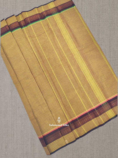 Navy Blue Thread Checks Beautiful Chettinad Cotton Saree With Temple & Zari Border