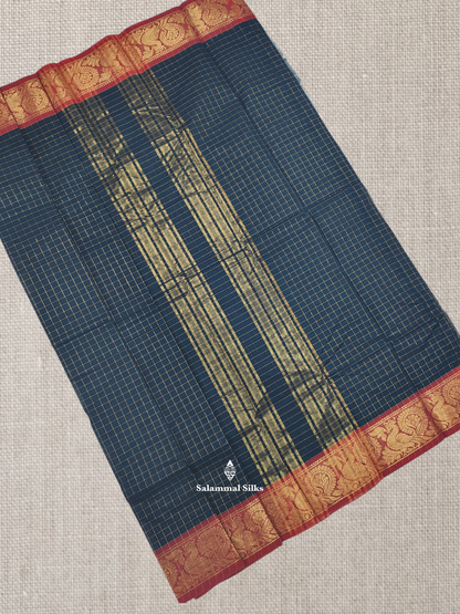 Ramar Blue Zari Checks Beautiful Chettinad Pure Cotton Saree Without Blouse