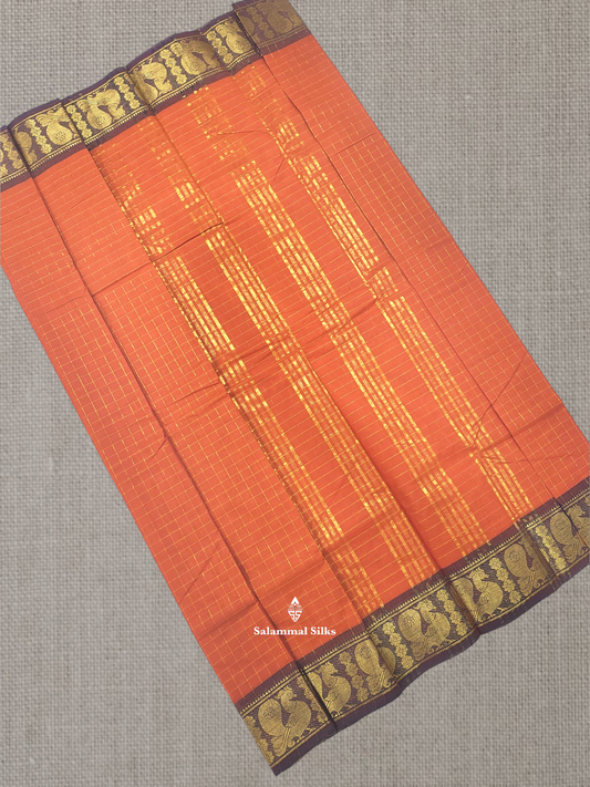 Rust Orange Zari Checks Beautiful Chettinad Pure Cotton Saree Without Blouse