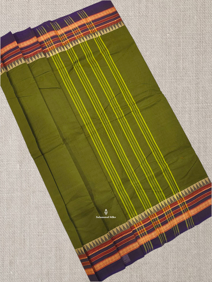 Peacock Blue Beautiful Chettinad Plain Pure Cotton Saree With Traditional Temple Thread Work Border