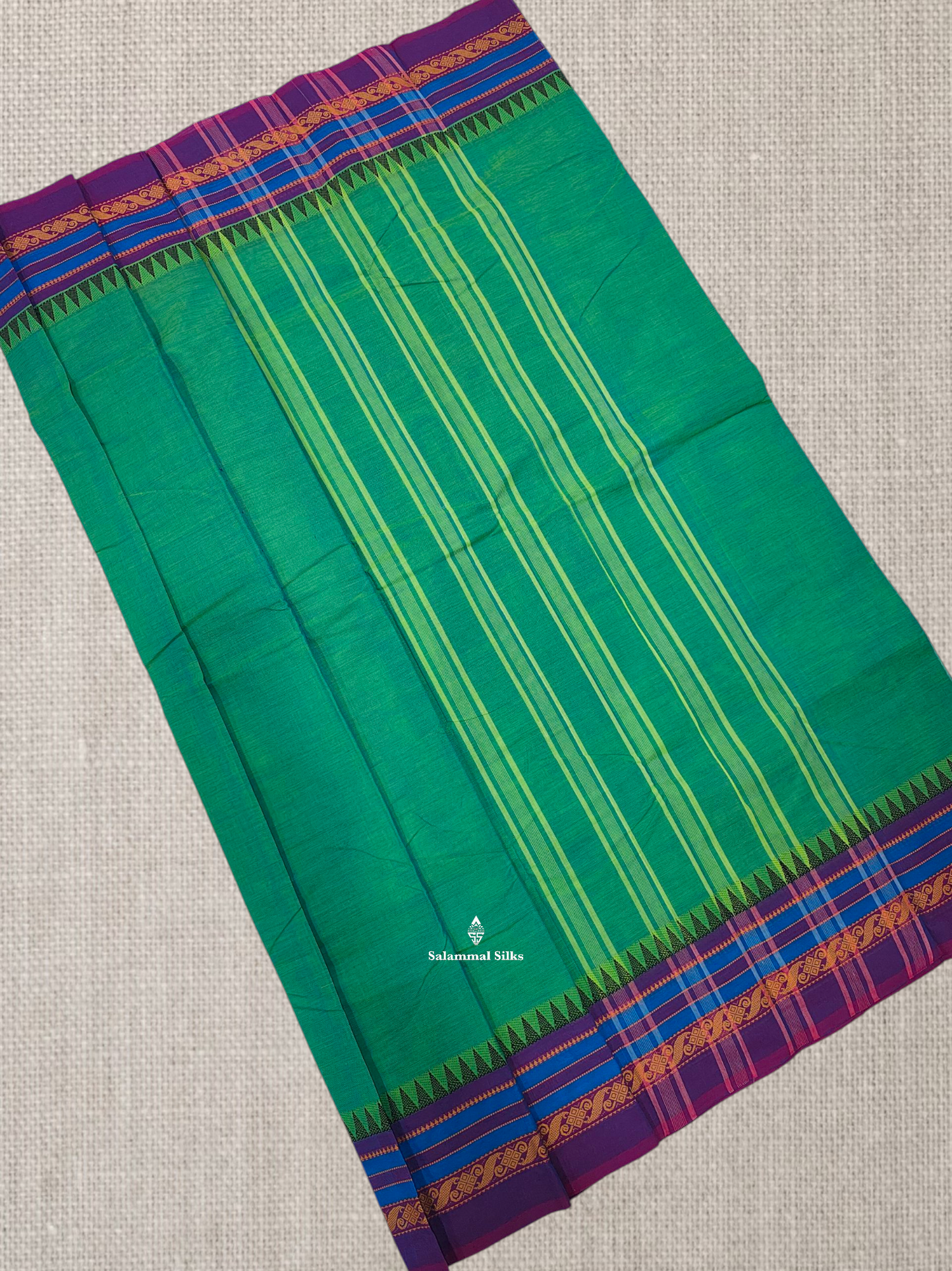 Peacock Blue Beautiful Chettinad Plain Pure Cotton Saree With Traditional Temple Thread Work Border