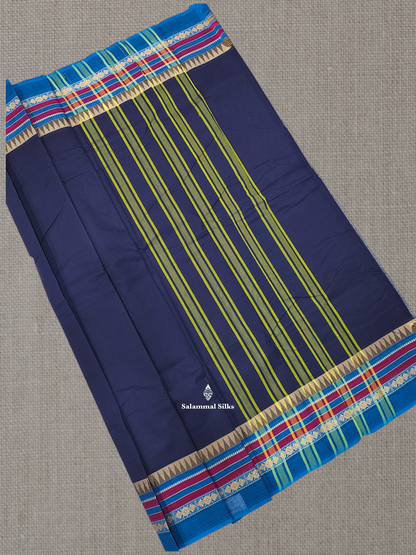 Peacock Blue Beautiful Chettinad Plain Pure Cotton Saree With Traditional Temple Thread Work Border