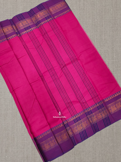 Pink Chettinad Plain Pure Cotton Saree With Traditional Magenta Border