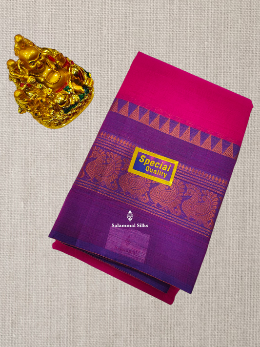 Pink Chettinad Plain Pure Cotton Saree With Traditional Magenta Border