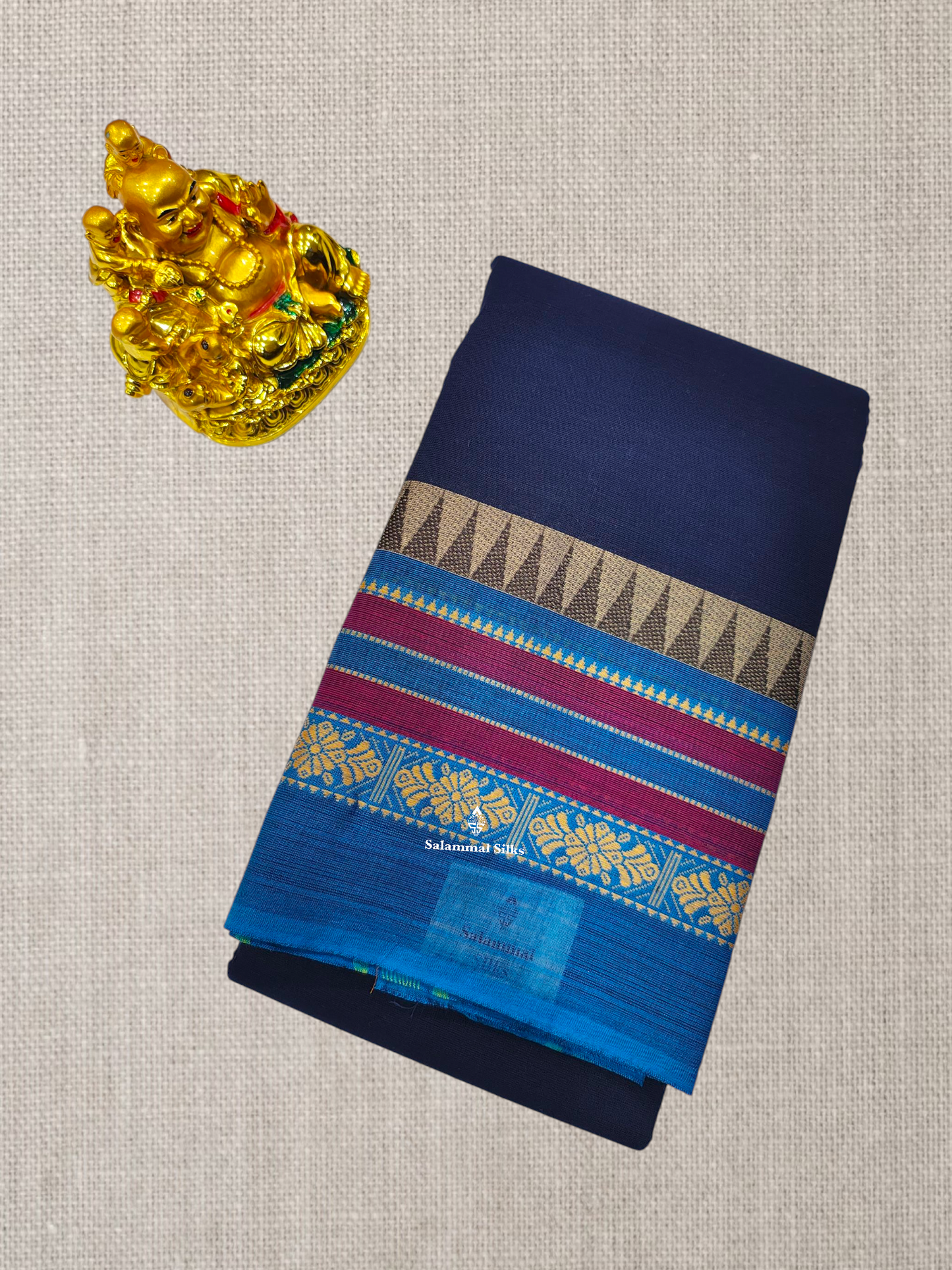 Peacock Blue Beautiful Chettinad Plain Pure Cotton Saree With Traditional Temple Thread Work Border