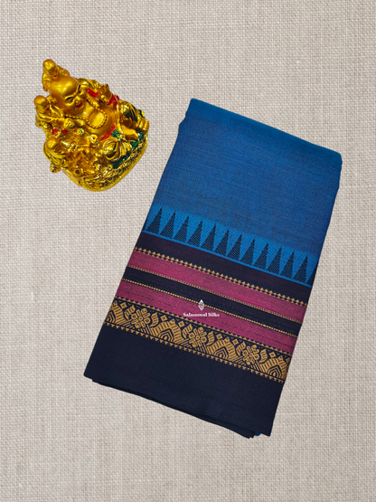 Peacock Blue Beautiful Chettinad Plain Pure Cotton Saree With Traditional Temple Thread Work Border