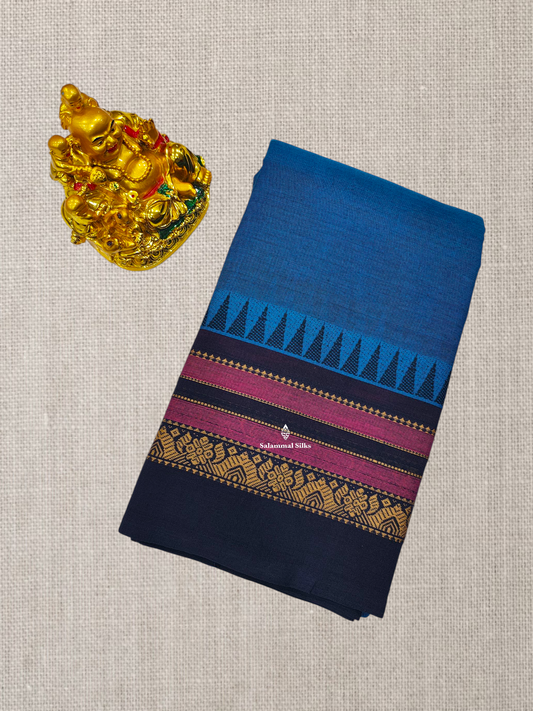 Peacock Blue Beautiful Chettinad Plain Pure Cotton Saree With Traditional Temple Thread Work Border