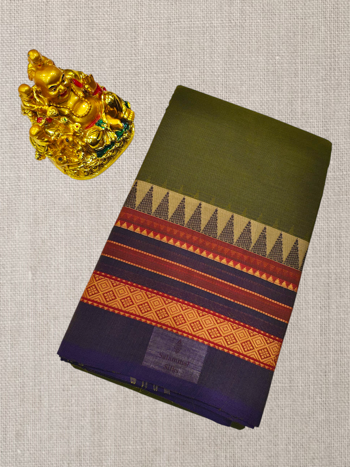 Peacock Blue Beautiful Chettinad Plain Pure Cotton Saree With Traditional Temple Thread Work Border