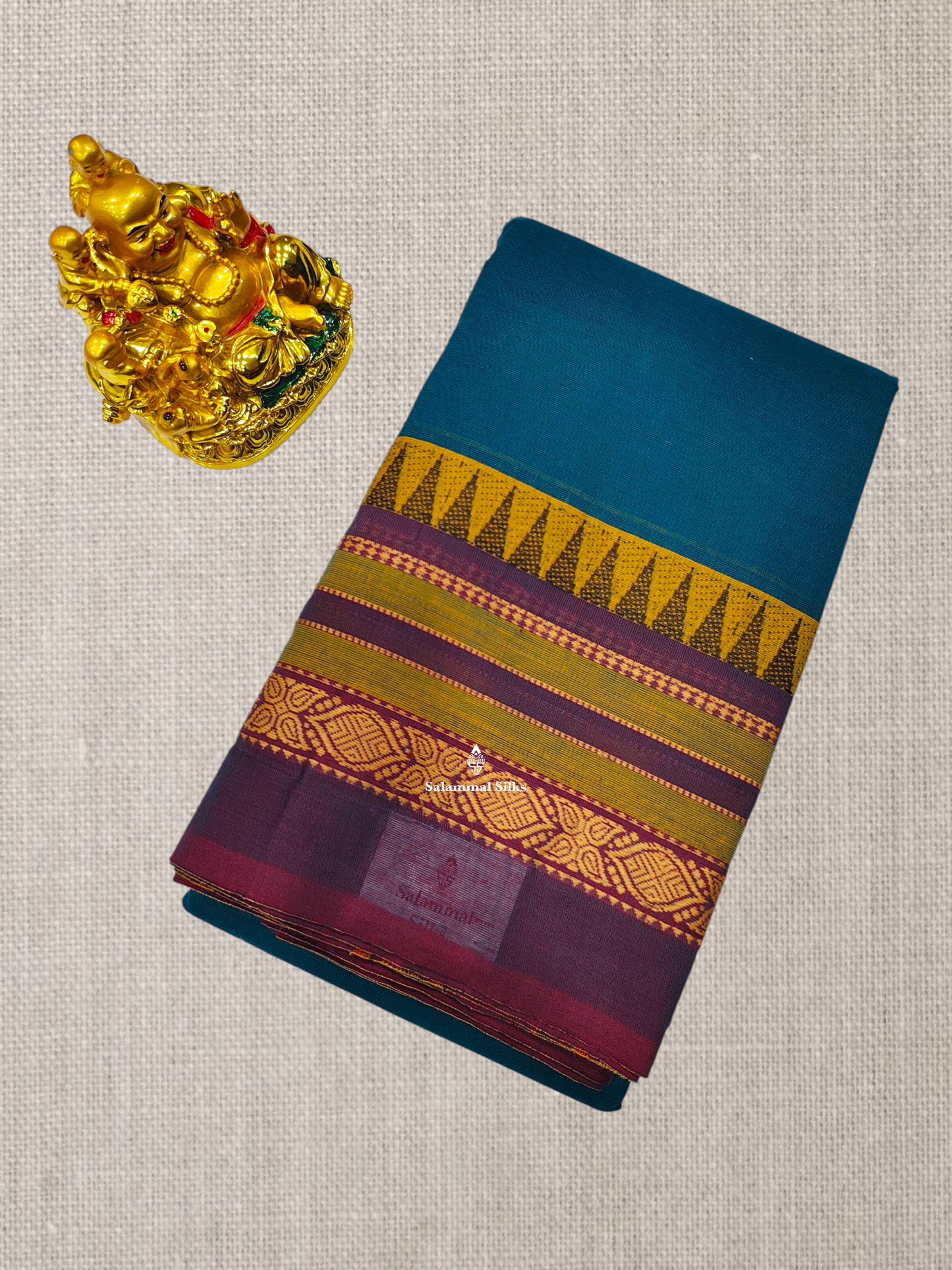Peacock Blue Beautiful Chettinad Plain Pure Cotton Saree With Traditional Temple Thread Work Border