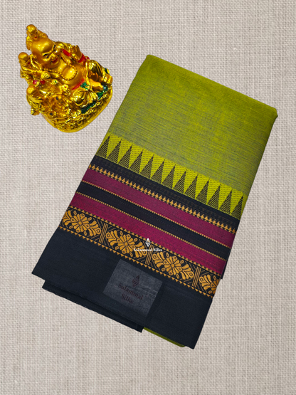 Peacock Blue Beautiful Chettinad Plain Pure Cotton Saree With Traditional Temple Thread Work Border