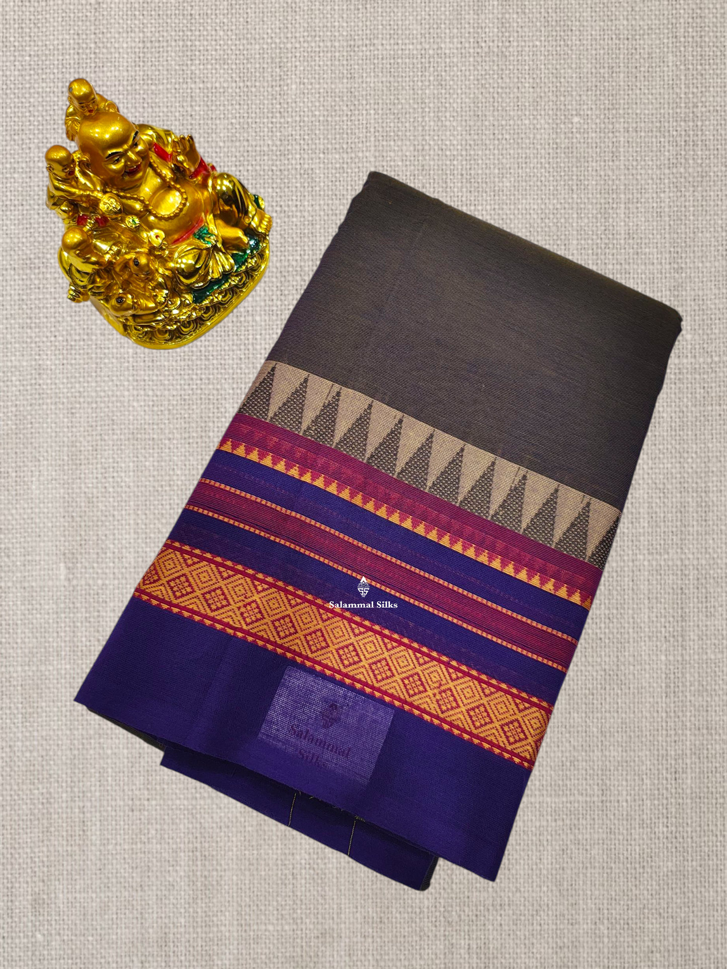 Peacock Blue Beautiful Chettinad Plain Pure Cotton Saree With Traditional Temple Thread Work Border