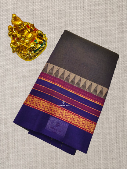 Peacock Blue Beautiful Chettinad Plain Pure Cotton Saree With Traditional Temple Thread Work Border