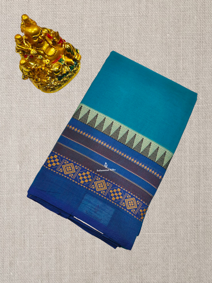 Peacock Blue Beautiful Chettinad Plain Pure Cotton Saree With Traditional Temple Thread Work Border