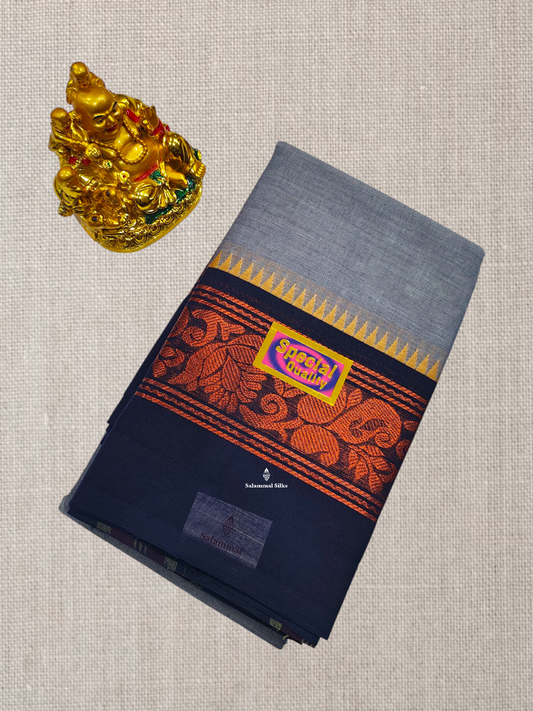 Grey Beautiful Chettinad Plain Pure Cotton Saree With Traditional Small Temple And Zari Border