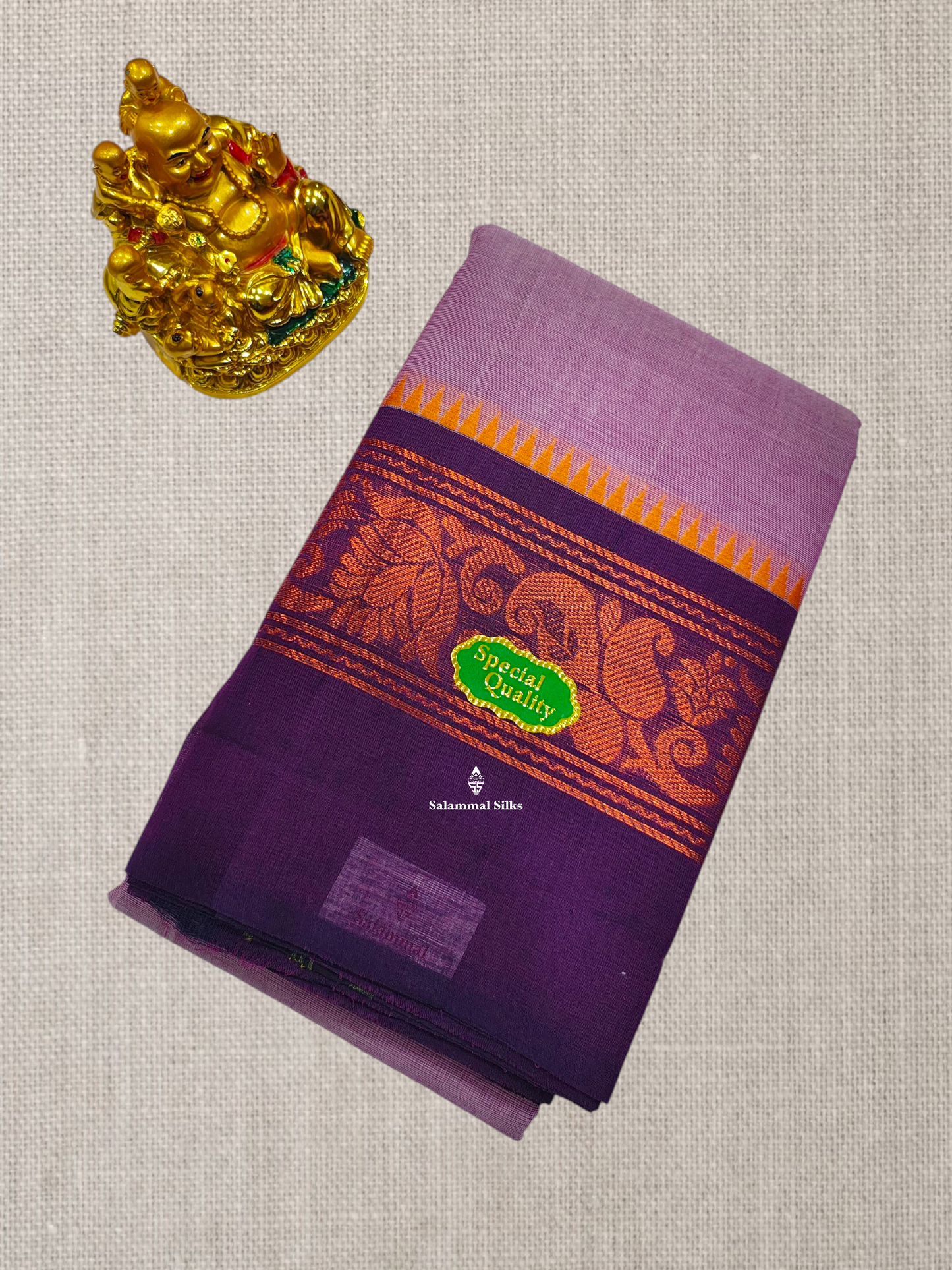 Grey Beautiful Chettinad Plain Pure Cotton Saree With Traditional Small Temple And Zari Border