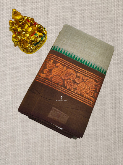 Grey Beautiful Chettinad Plain Pure Cotton Saree With Traditional Small Temple And Zari Border