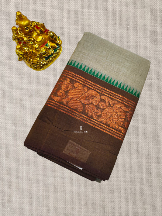 Sandal Chettinad Plain Pure Cotton Saree With Traditional Ganga And Jamuna Border