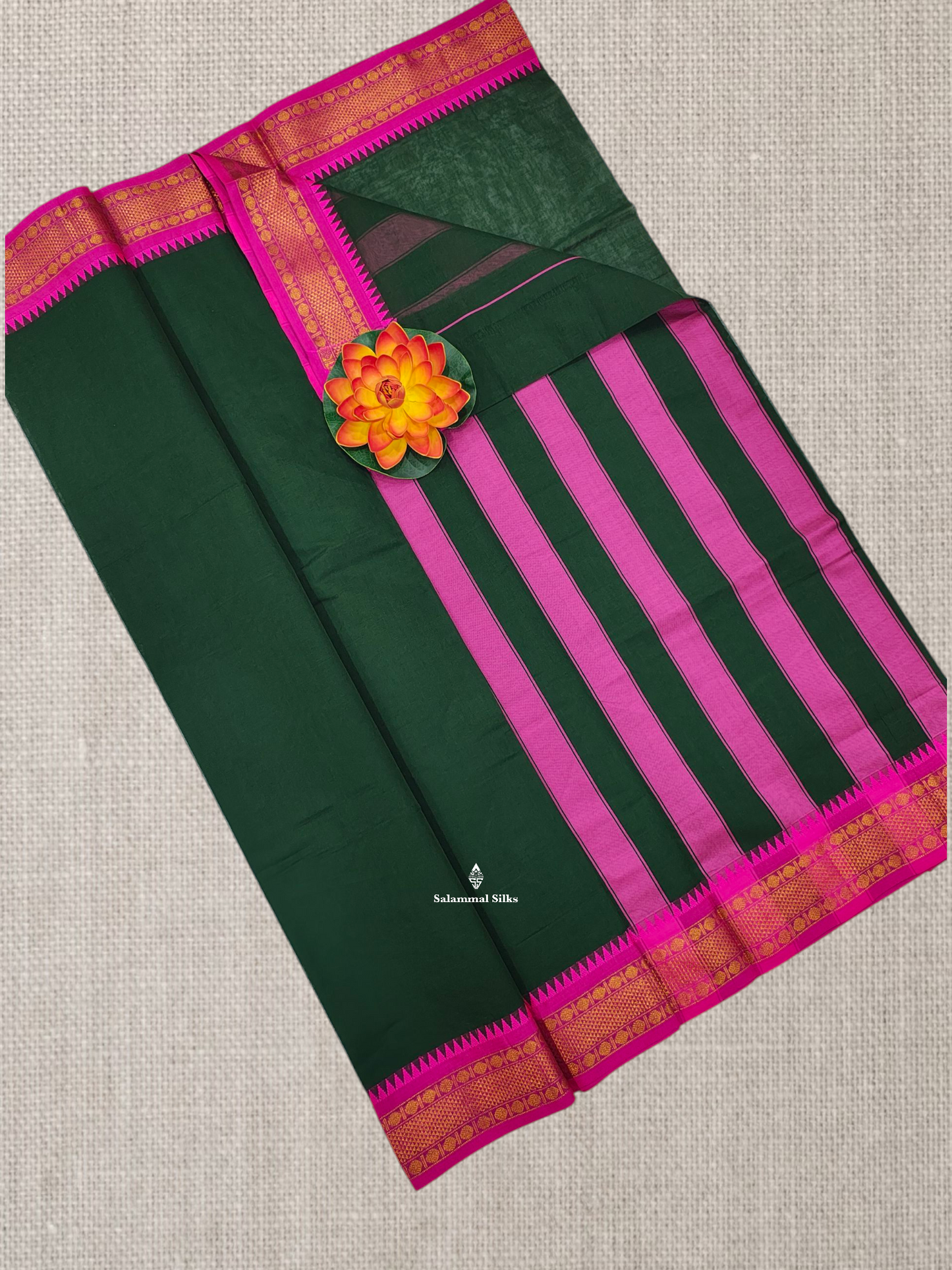 Bottle Green Plain Pure Cotton Saree With Magenta Pink Traditional Temple Border