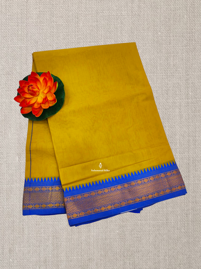 Bottle Green Plain Pure Cotton Saree With Magenta Pink Traditional Temple Border