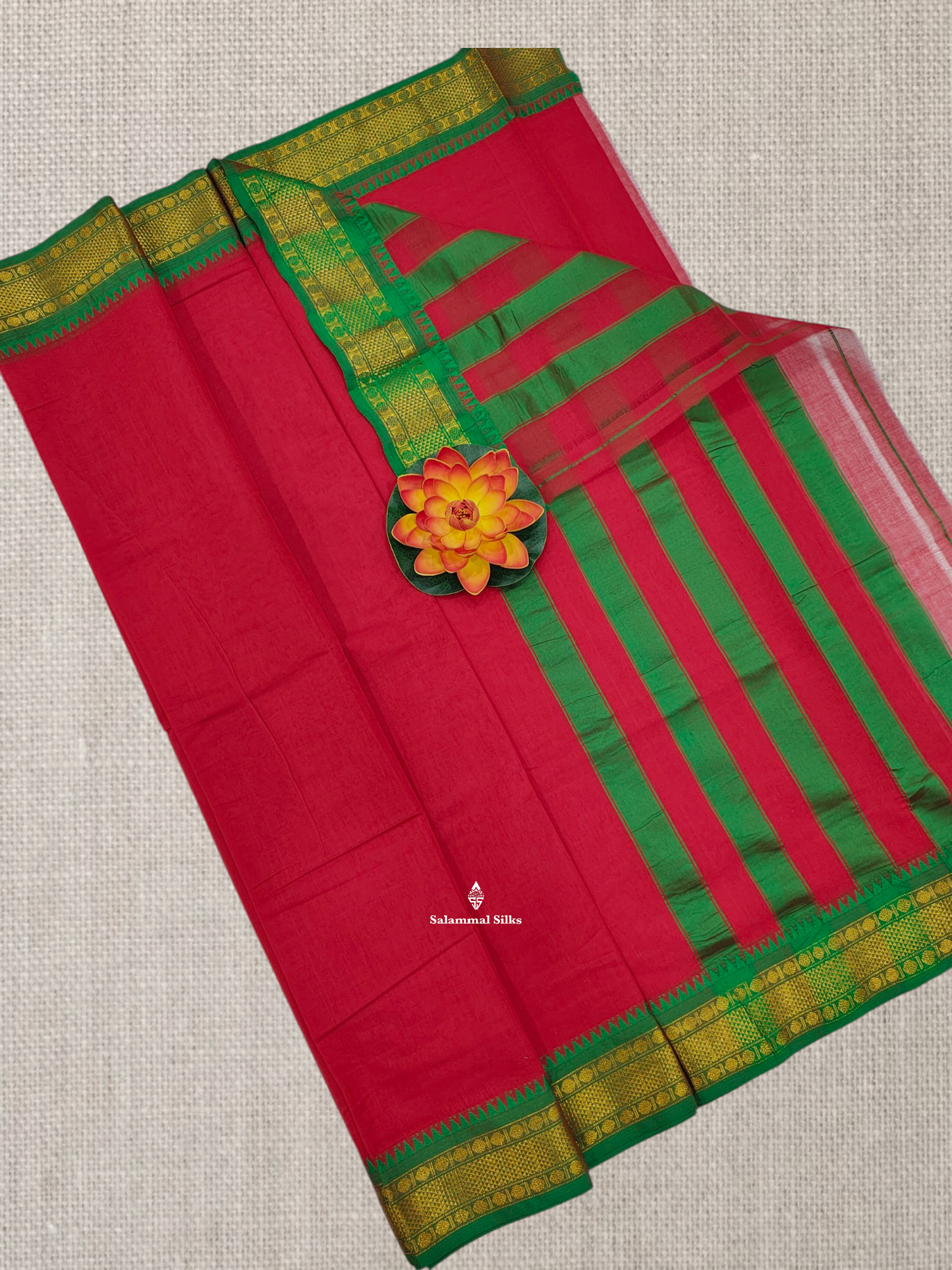 Bottle Green Plain Pure Cotton Saree With Magenta Pink Traditional Temple Border