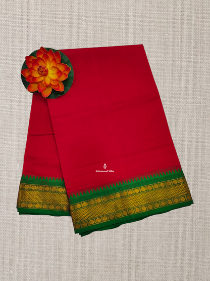Bottle Green Plain Pure Cotton Saree With Magenta Pink Traditional Temple Border