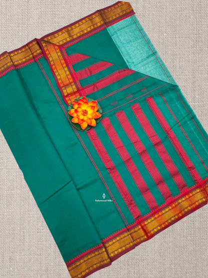 Bottle Green Plain Pure Cotton Saree With Magenta Pink Traditional Temple Border