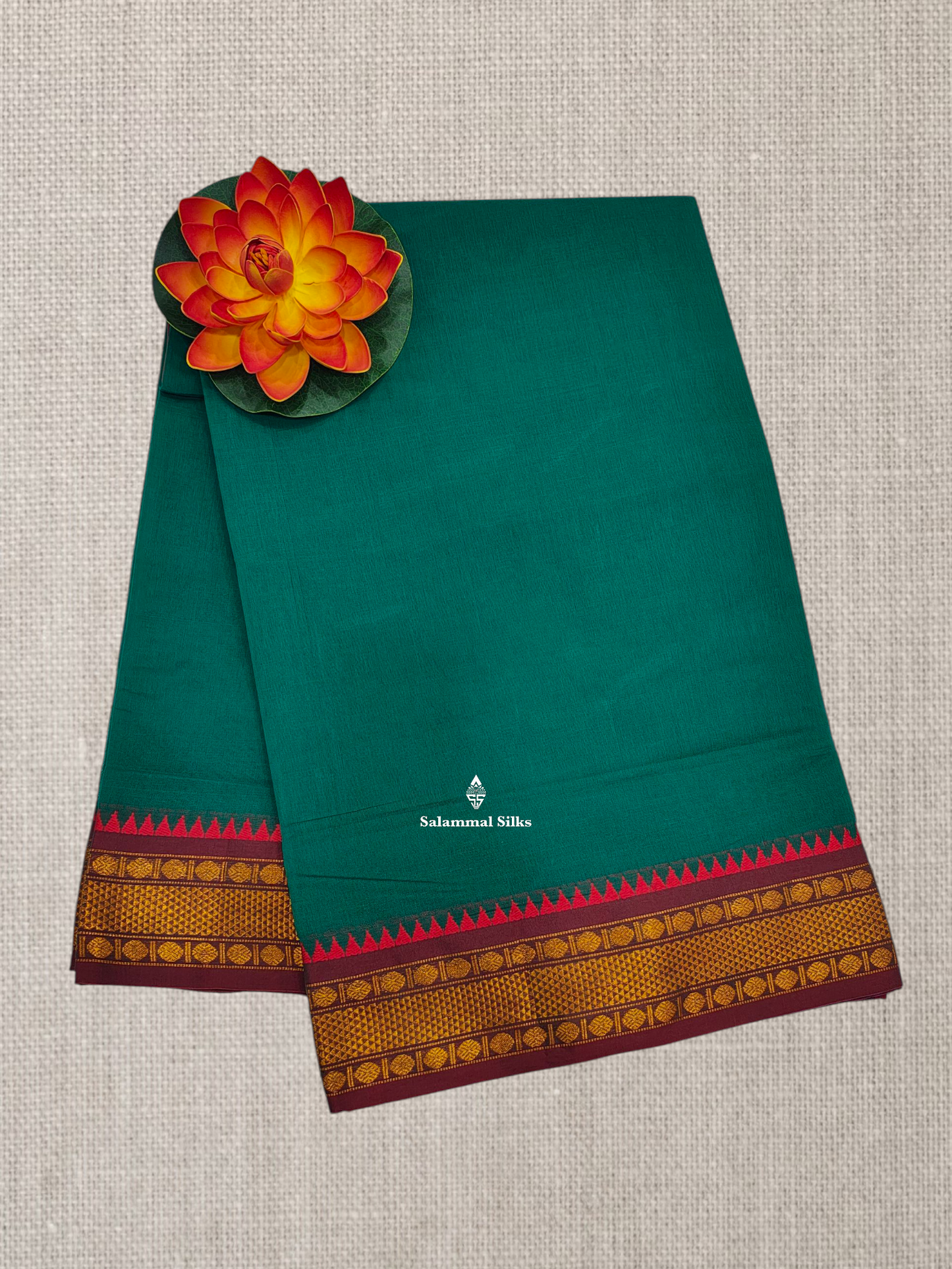 Bottle Green Plain Pure Cotton Saree With Magenta Pink Traditional Temple Border