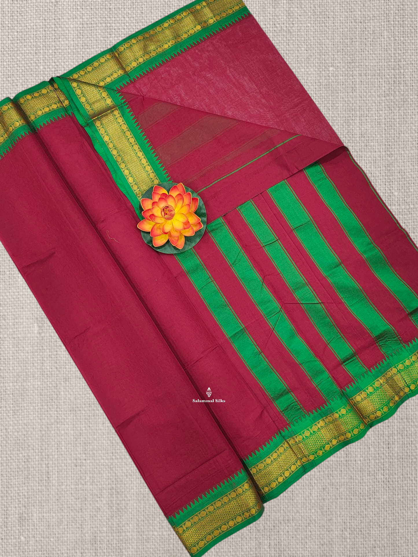 Bottle Green Plain Pure Cotton Saree With Magenta Pink Traditional Temple Border