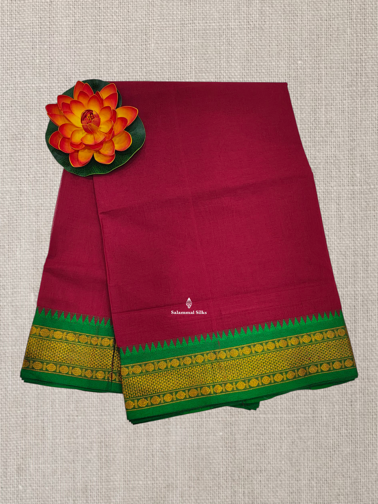 Bottle Green Plain Pure Cotton Saree With Magenta Pink Traditional Temple Border