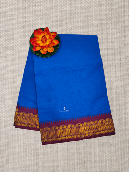 Bottle Green Plain Pure Cotton Saree With Magenta Pink Traditional Temple Border