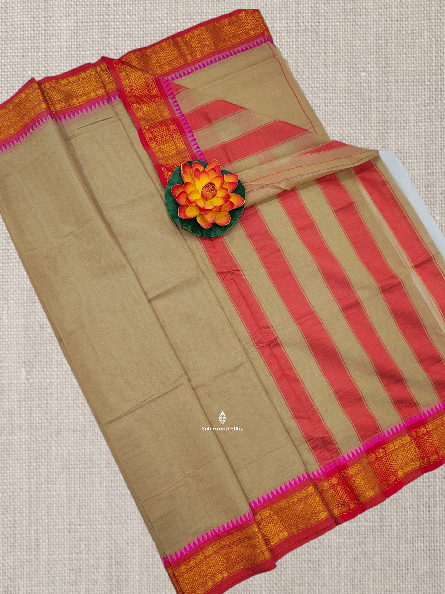 Bottle Green Plain Pure Cotton Saree With Magenta Pink Traditional Temple Border