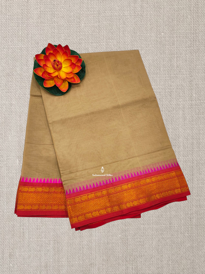 Bottle Green Plain Pure Cotton Saree With Magenta Pink Traditional Temple Border