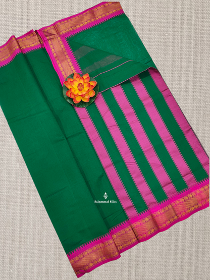 Bottle Green Plain Pure Cotton Saree With Magenta Pink Traditional Temple Border