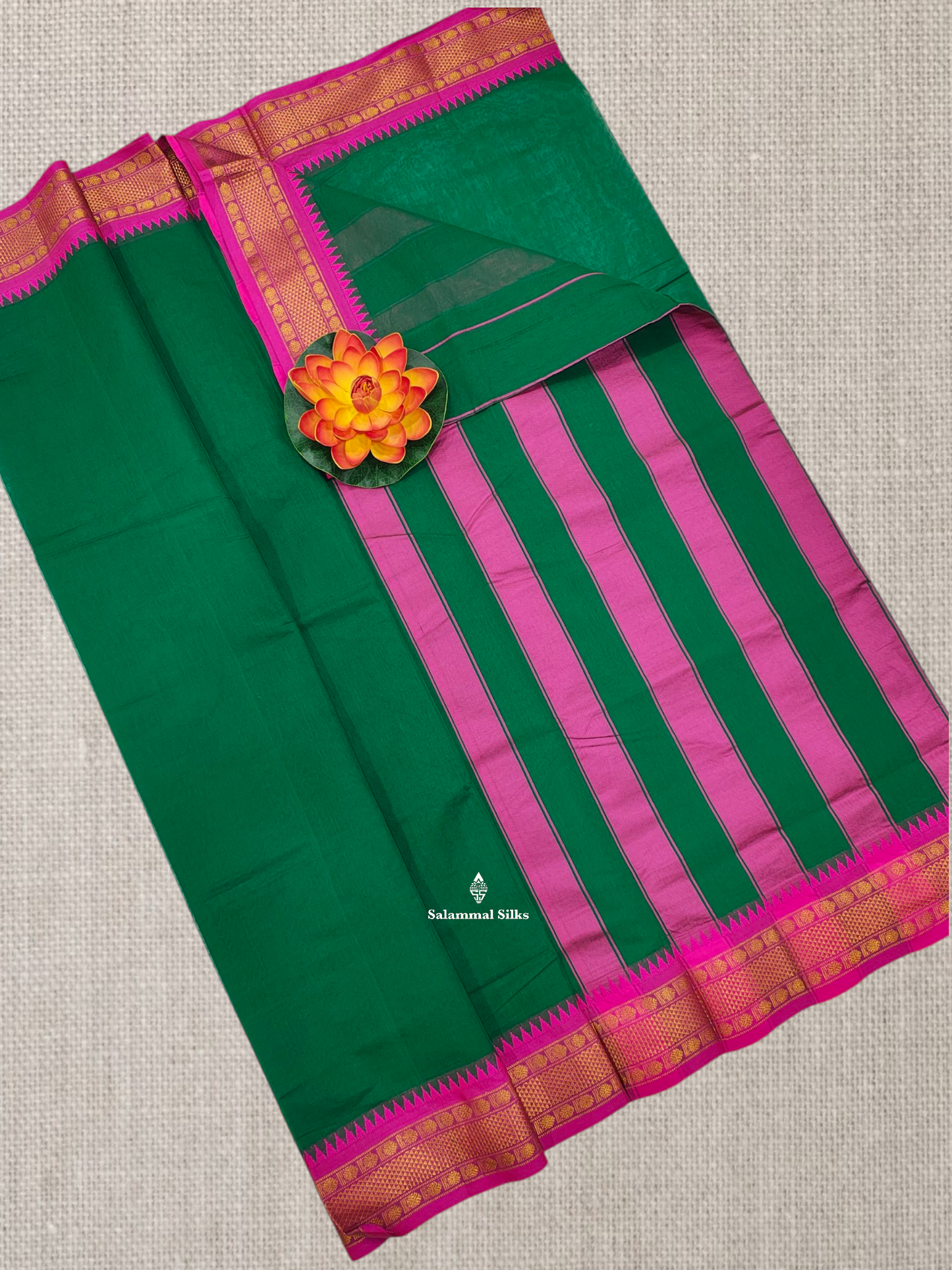 Bottle Green Plain Pure Cotton Saree With Magenta Pink Traditional Temple Border