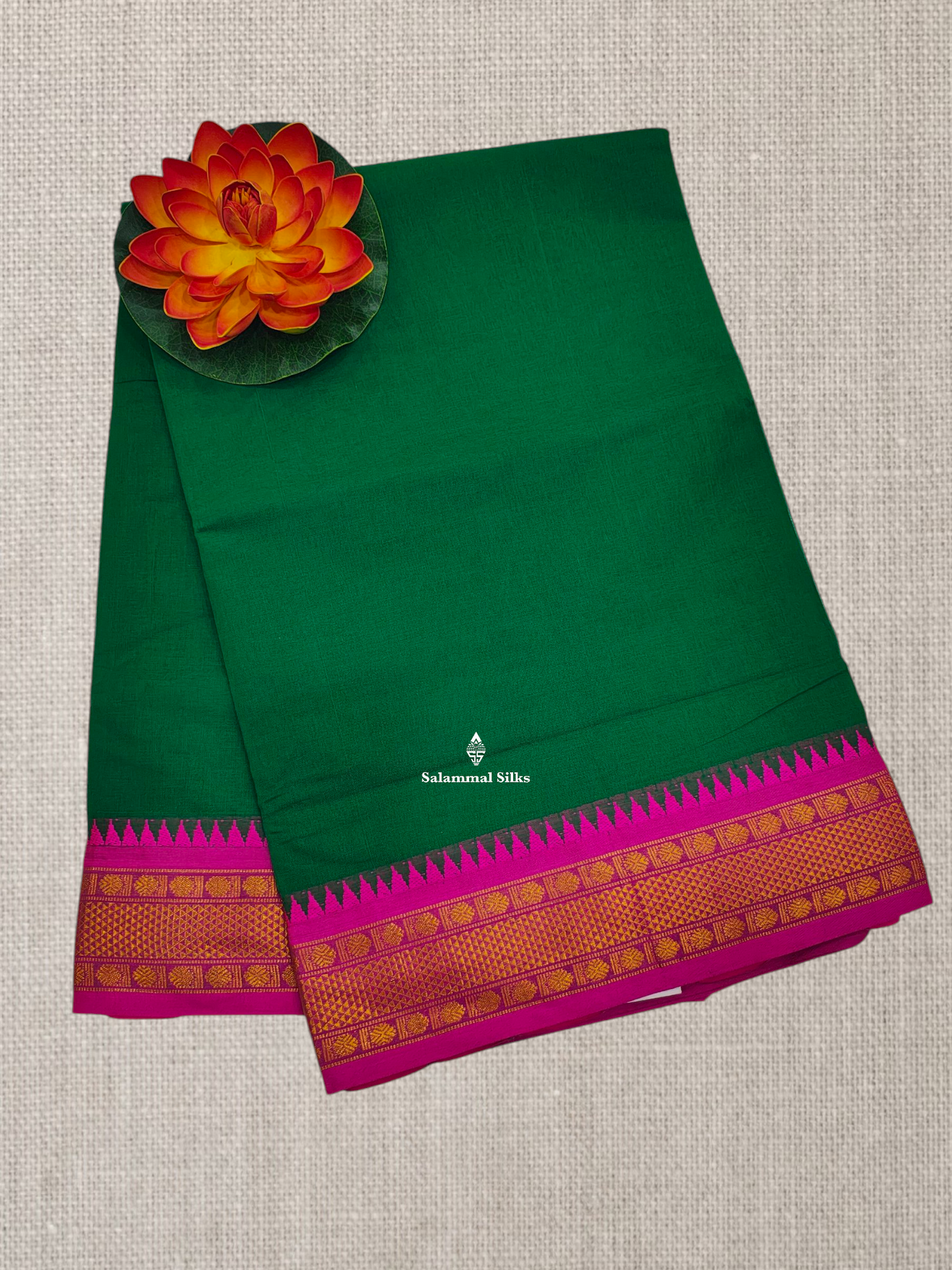 Bottle Green Plain Pure Cotton Saree With Magenta Pink Traditional Temple Border