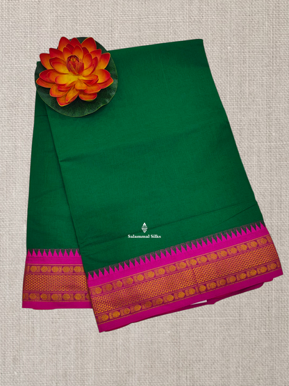 Bottle Green Plain Pure Cotton Saree With Magenta Pink Traditional Temple Border