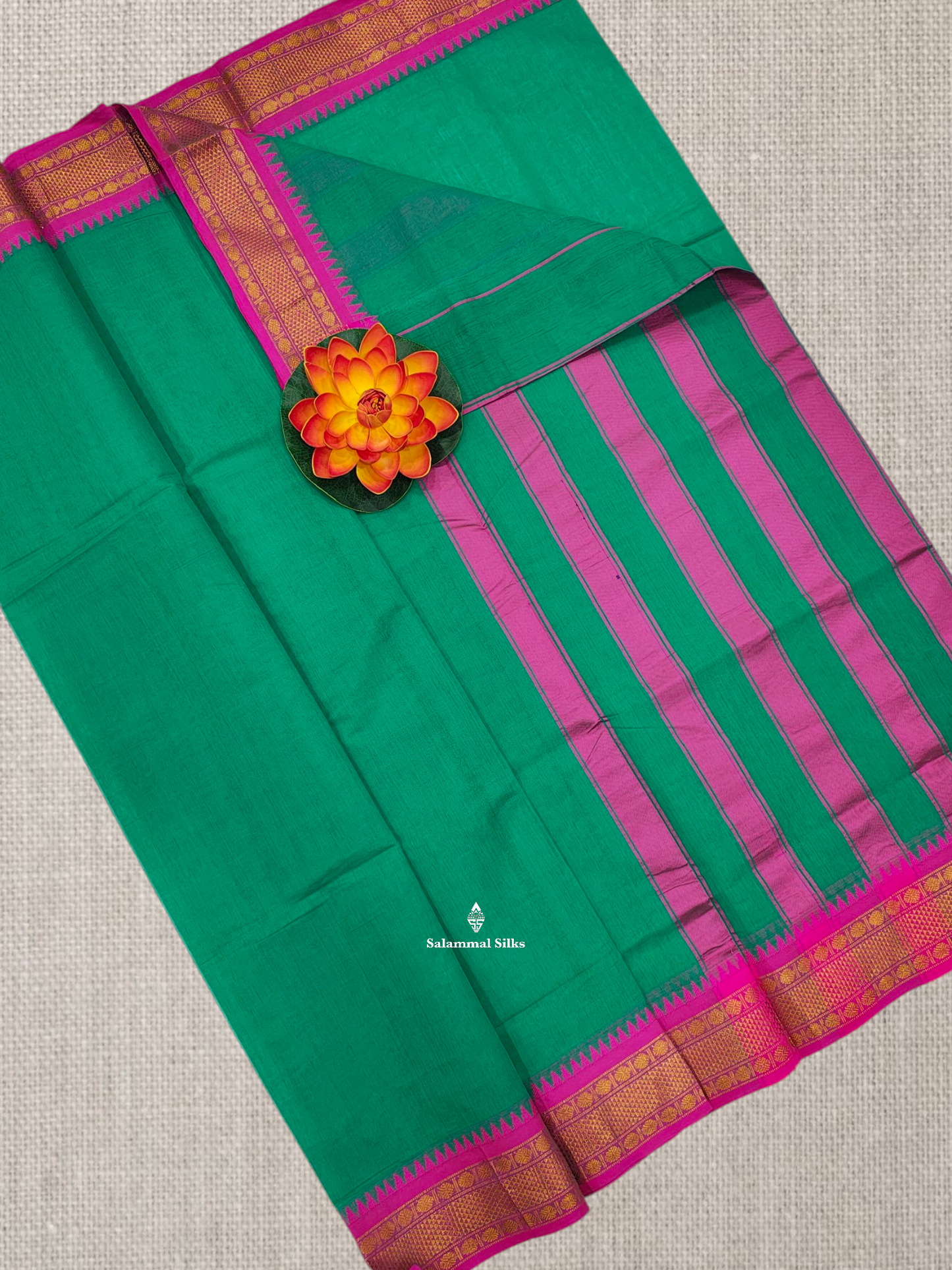 Bottle Green Plain Pure Cotton Saree With Magenta Pink Traditional Temple Border