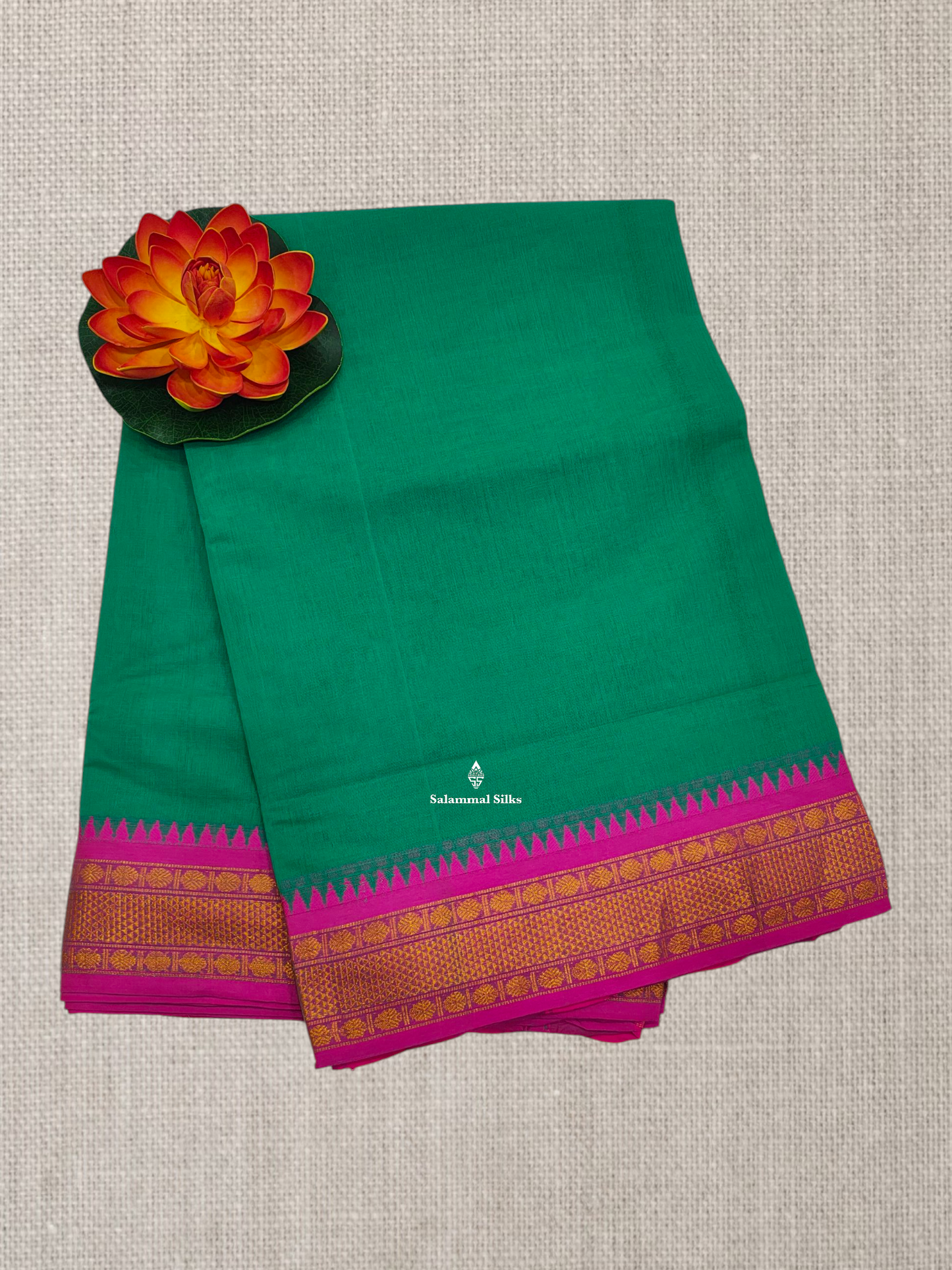 Bottle Green Plain Pure Cotton Saree With Magenta Pink Traditional Temple Border