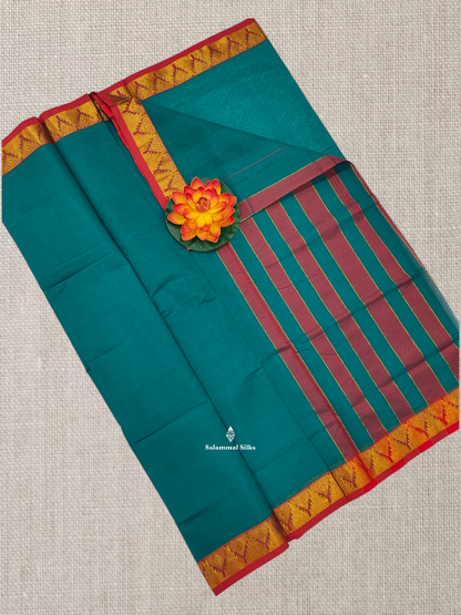 Anandha Blue Plain Temple Compact Pure Cotton Saree With Maroon Border