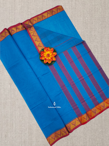 Anandha Blue Plain Temple Compact Pure Cotton Saree With Maroon Border