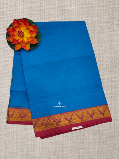 Anandha Blue Plain Temple Compact Pure Cotton Saree With Maroon Border